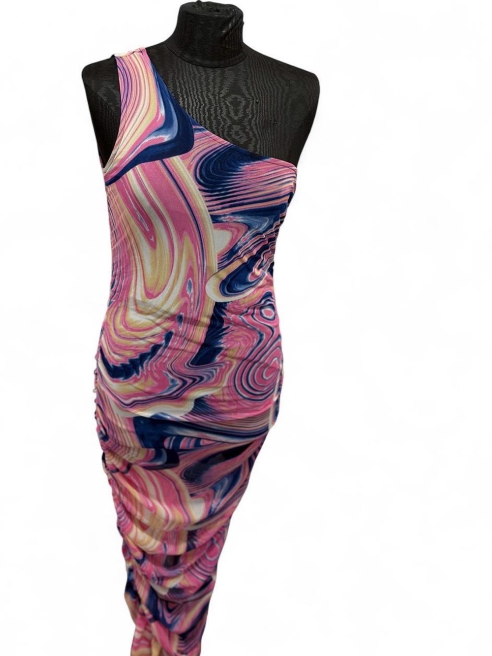 Fashion Nova One-Shoulder Swirl Print Dress - Pink, Blue Size M